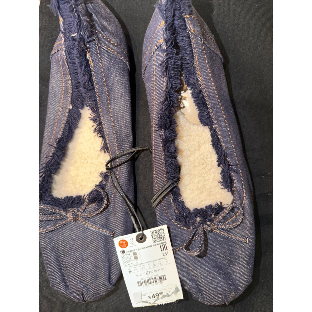 Zara Denim Faux Shearling Lined Ballet Flats